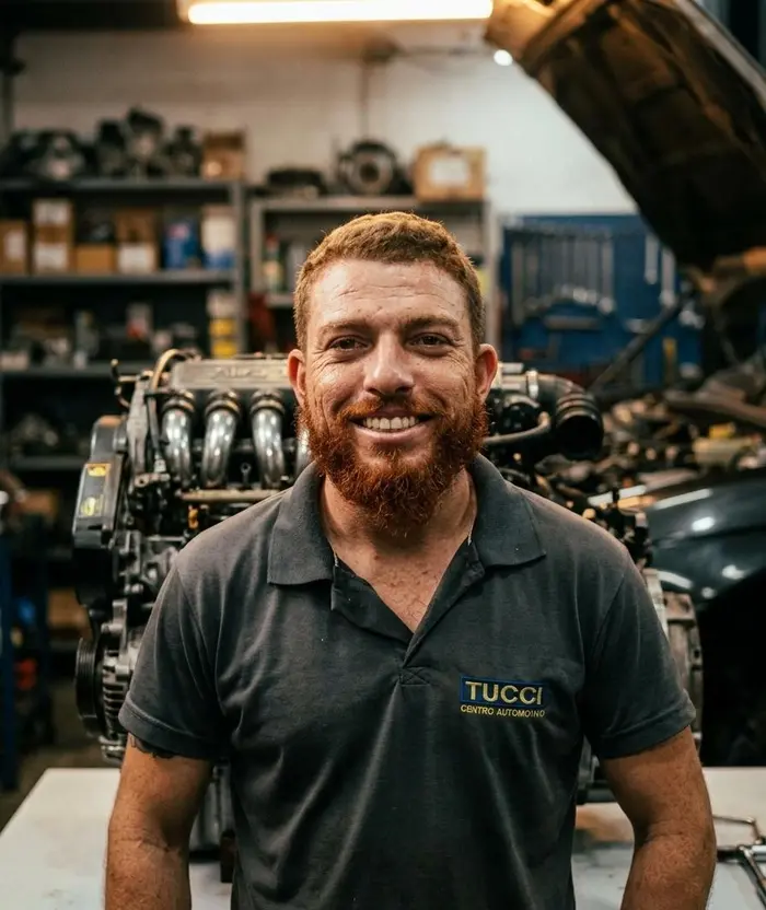César Tucci trabalhando em um motor na oficina TUCCI